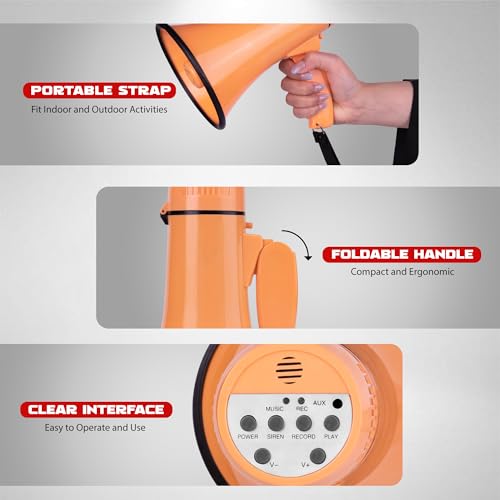 MyMealivos 20W Portable Megaphone with Strap-Bullhorn Built in Siren & 240s Record Volume Control Cover Up to 300 ft Fit for Cheerleading Sports Events Indoor and Outdoor Activities-Light Orange