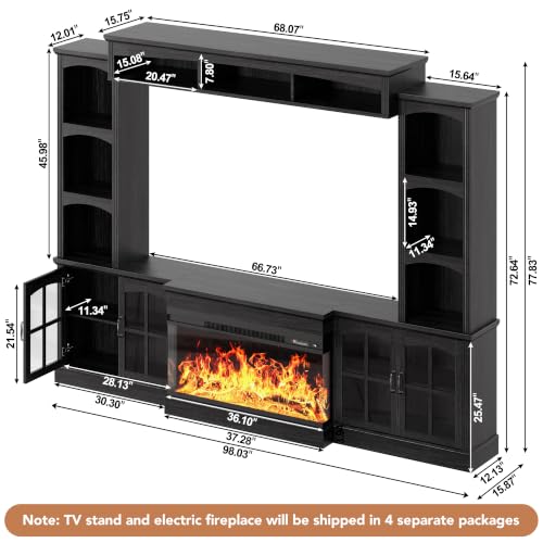 Image of MXV 98 inch Farmhouse Fireplace TV Stand, Large Wall Unit Entertainment Center with 36 inch Electric Fireplace, Media Console with Storage Cabinets and Open Shelves for Living Room, Black