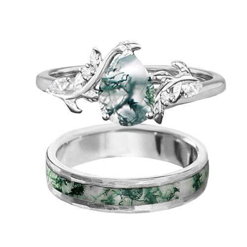 Natural Moss Agate Couple Ring Set Sterling Silver 10K 14K 18K Gold Personalized Moss Agate Wedding Engagement Ring Wedding Band for Men Women Matching Promise Rings for Couples Anniversary Engagement4