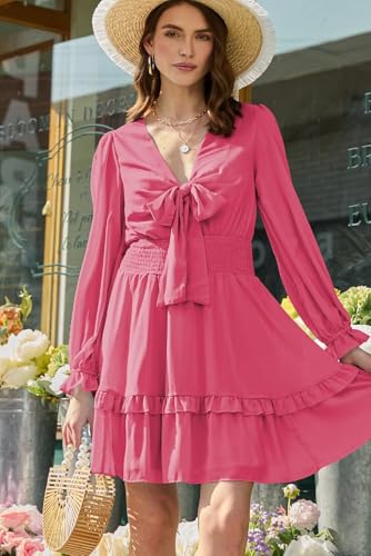 Image of Dokotoo Womens Casual Spring Fall 2025 Deep V Neck Knotted Tiered Chiffon Elegant Mini Short Swing Skater Dresses