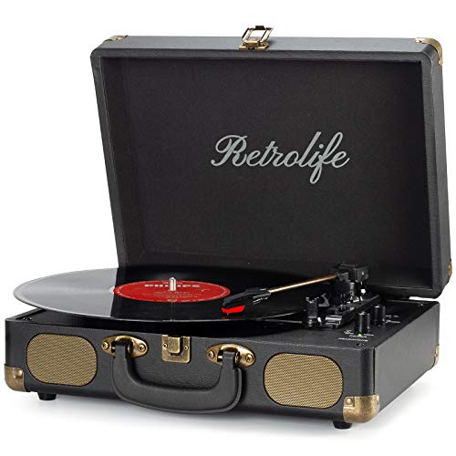 Record Player 3-Speed Bluetooth Suitcase Portable Belt-Driven Vinyl Record Player with Built-in Speakers RCA Line Out AUX in Headphone Jack Vintage Turntable Black