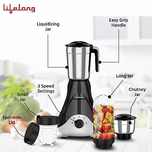 Lifelong Mixer Grinder for Kitchen - 4 Jars 500 Watt Mixie - 2 Nutri bullet Jars for Smoothie & Blending, Chutney Jar & Liquidizing Jar used as Wet Grinder & Blender - Stainless Steel Blades (LLMG39) view 2