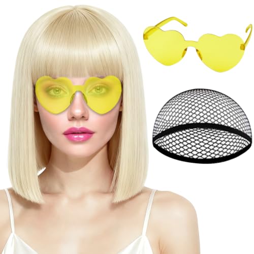 Image of PLULON Blonde Bob Wig with Bangs, Short Straight Bob Wig with Heart Sunglasses 12 Inch Shoulder Length Heat Resistant Synthetic Hair Cap for Women Natural Look Daily Use Cosplay Costume Party