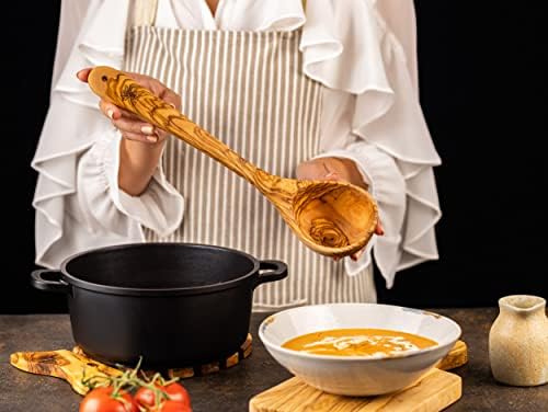 SOLTAKO Olive Wooden Ladle Spoon - Wooden Spoons Cooking Utensils - Soup Spoon - Healthy Ladle to Serve Soup Porridge - Cooking Utensils with Long Handle, Approx. 30 cm Width: 8 cm