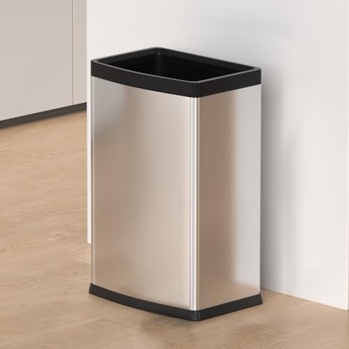 Image of 25L /6GALSquare Silver Garbage Can,Tall Kitchen Garbage Can,Silver Tall Trash can for Bathroom,Tall Stainless Steel dusbin for Commercial,Detached House
