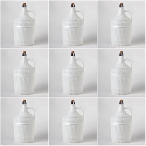 Pack 9 Garrafas Damajuanas Garrafones 5 litros Cristal Forrado Plástico Blanco Alto Gramaje, Corcho Natural Ajuste Perfecto con Recambios Corcho