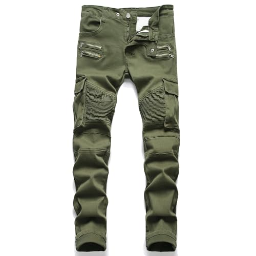 AITITIA Men's Biker Zipper Deco Washed Straight Fit Jeans, Green, 32