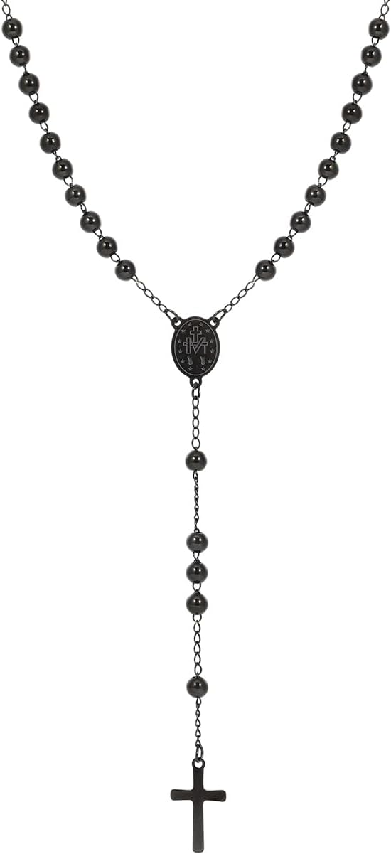 Eigso Pearl Rosary Necklaces for Men Women Catholic Necklace for Man Woman Christian Crucifix Pendant Chain