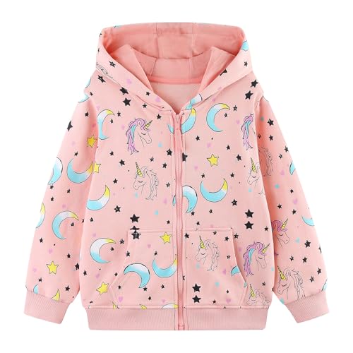 Hoseay Sudadera con Capucha Cremallera Niñas, Algodón Chaqueta Manga Larga y Bolsillos, Abrigada Unicornio Casual Escolar Hoodie Tops Primavera Invierno Ropa para Infantil 3-4 Años, Rosa