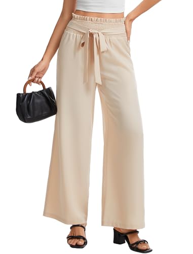 LUXEBOLD Women's Trousers with Bow Detail and Side Pockets Comfortable Elastic Waist Office Pants for Women for Business Casual Wrinkle Resistant Women's Work Pants Apricot 2XL