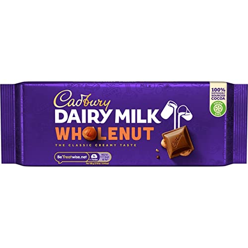 Cadbury Barra de nueces enteras de leche láctea, avellanas enteras cubiertas de chocolate con leche cremoso, barra de 180 g (paquete de 1)