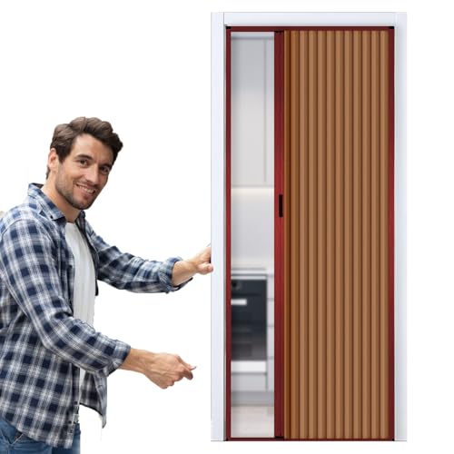 Puerta Corredera Plegable 70 80 90 100 110 120 130 CM Biombo Interior De Una Sola Puerta Panal De Abeja Con Marco De Aluminio Rojo, Puerta Acordeón Plegable A Medida, Sin Perforaciones(Brown,WxH 110cm