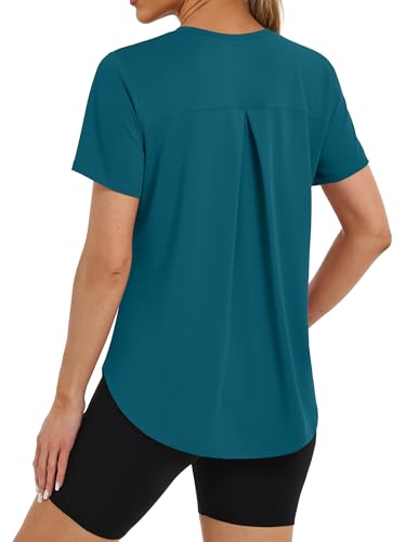 BKRIVE Workout Tops for Women Short Sleeve Sun Protection UPF 50+ Quick Dry Hiking Athletic Shirts Peacockblue L