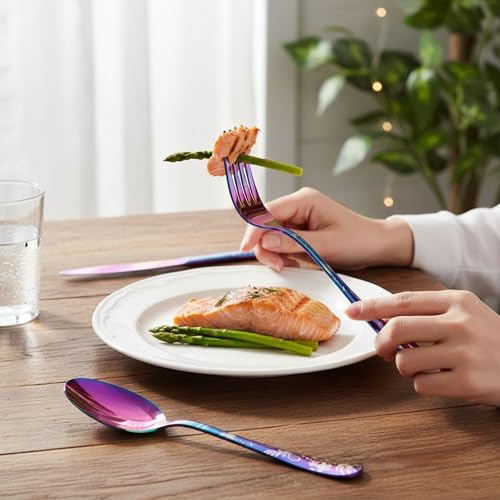 Image of 10 Pcs Rainbow Floaral Stainless Steel Cutlery Set for Dining Table with Spoons and Forks Set + Butterknives - The Perfect Tableware /Flatware