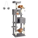 Feandrea Árbol para Gatos de 191 cm de Altura, Rascador para Gatos con 5 Postes, 2 Plataformas, 2 Cuevas, Hamaca, 2 Pompones, Felpa Multicapa, Gris Claro PCT191W01