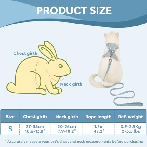 NJCXOLA Leine für Kaninchen, Zubehör, Geschirr für Kaninchen, Halsbänder und Leinen für kleine Tiere, verstellbar, atmungsaktiv (Blau S)