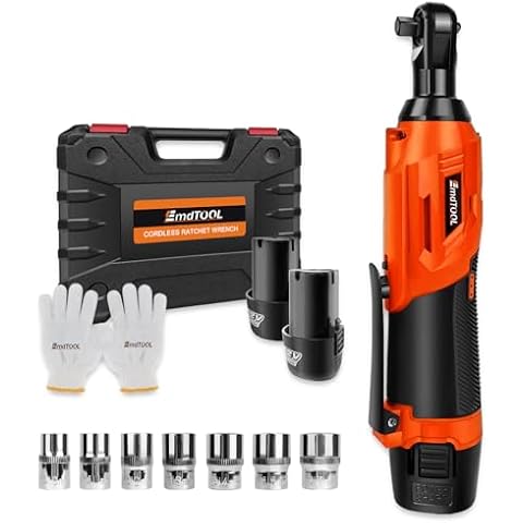 DICN 12V Cordless Electric Ratchet Wrench Set 3/8" 2300RPM Power Ratchet Wrench Tool Kit with 2 Lithium-Ion Battery & LED Working Light for Home Garage Auto Repair Shops Use, 7 Sockets, Orange Cover