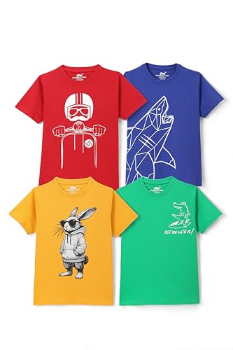 chopper club Lot de 4 t-shirts en coton pour garçons - T-shirts imprimés - Lot de 4 sstees_UK, Moutarde|Royal|Forest|Rouge, 12-13 ans