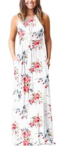 GRECERELLE Women's Summer Sleeveless Racerback Loose Plain Maxi Dress Floral Print Casual Long Dresses with Pockets FP White-Small