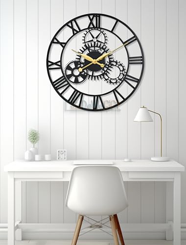 Image of 24 Inch Large Metal Wall Clock with Fixed Gears - Decorative Industrial Vintage Wall Watch Sculpture for Living Room, Bedroom & Office - Modern Silent Quartz Roman Numeral Home Decor