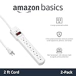 Amazon Basics Surge Protector Power Strip, 6-Outlet with 200J Protection, 2ft Extension Cord, Rectangle, White (2 Pack) - Image 2