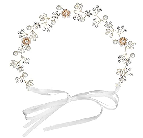 MIOKY Braut Hochzeit Perle Stirnband Haarschmuck Silber,Brautschmuck Brautjungfer Blumenmädchen Perle Stirnbänder Strass Kristall Kopfschmuck Gold Haar Rebe mit Satinband Cover