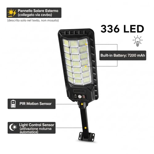 K2 Store - Lampione Solare 2000W 336 Led Da Esterno Con Sensore Movimento E Crepuscolare, IP65 Impermeabile, Pannello Monocristallino, Batteria Litio 12H, Luce Solare Per Giardino, Cortile, Strada - 4