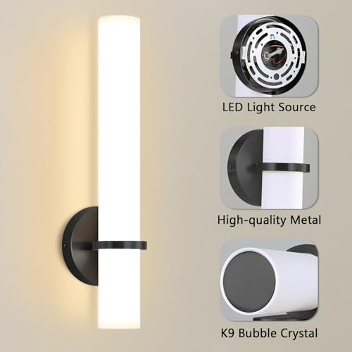 Image of 16W LED Dimming Wall Sconces 2 Packs, 3000K Warm Lights Dimmable, White Lampshade Bathroom Vanity Lighting Wall Light Fixtures for Bedroom Dining Living Hallway, Black