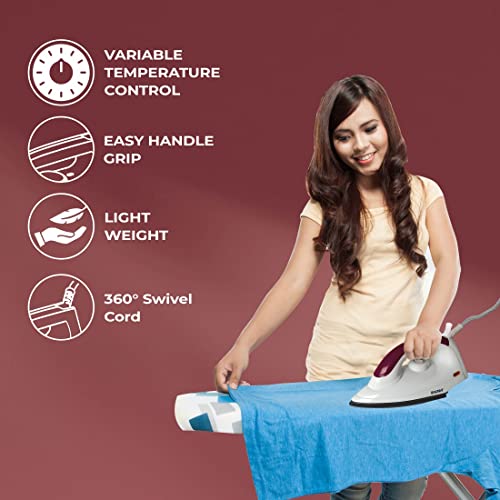 Image of BALTRA Smooth+Dry Iron Press 1000 Watt | Variable Temperature Control, Cool Touch Body, Light Weight, Easy Handle Grip, Cotton Braided Swivel Cord & Experience Wrinkle Free Ironing (Maroon)