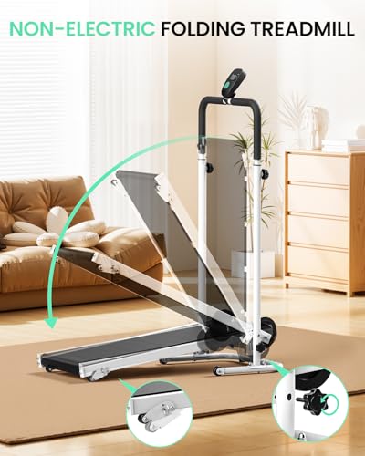 Image of AKLUER Non-Electric Treadmill with Dual Flywheel - Fixed Incline, Soft Foam Grips, Non-Slip Belt, LCD Monitor, Compact Foldable for Home /Gym Use