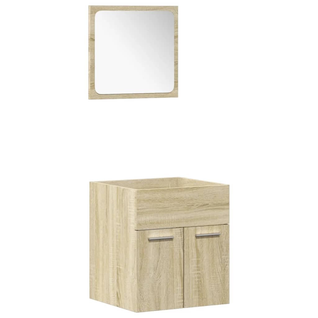 4-TLG. Badmöbel-Set Sonoma-Eiche Holzwerkstoff mit Hochschrank und Spiegel, wandmontierbar, feuchtigkeitsbeständig, klare Glas-Spiegelfläche für Make-up und Rasur