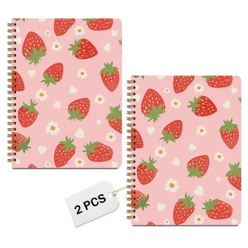 Image of MQBMQB 2Pcs Strawberry Pink Spiral Notebooks for Women, Notebook College Ruled, Pink Notebook Travel Journal for Writing, Cute Diary Strawberry Gifts for Women, A5(8.3x5.8inch)