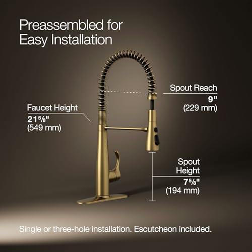 Image of KOHLER 22033-2MB Simplice Kitchen Sink Faucet, Three Function Sprayhead, Vibrant Brushed Moderne Brass