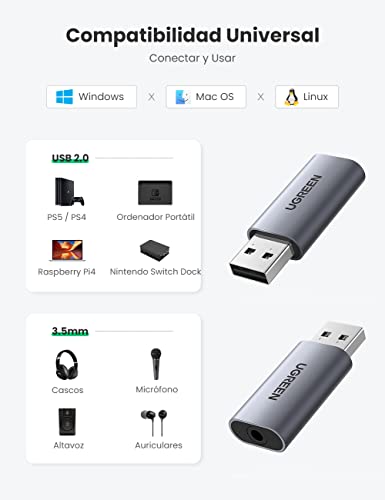 UGREEN Tarjeta de Sonido Externa Adaptador de Audio USB a Jack 3.5mm TRRS Convertidor Auxiliar para Auriculares y Micrófono Compatible con PC, MacBook, PS5/4, Altavoces - imagen 2