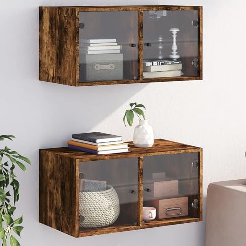 Gecheer Estantería de Pared,Baldas Flotantes,Armario Pared,Armario Pared Colgante,Mueble Pared Puertas Vidrio 2 uds Roble Ahumado 68,5x37x35 cm