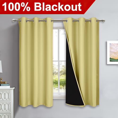 Image of NICETOWN 100% Blackout Curtains with Black Liners, Solid Thermal Insulated Full Blackout 2-Layer Lined Drapes, Energy Efficiency Window Draperies for Bedroom (2 Panels, 42 inch W by 63 inch L, Paler Yellow)