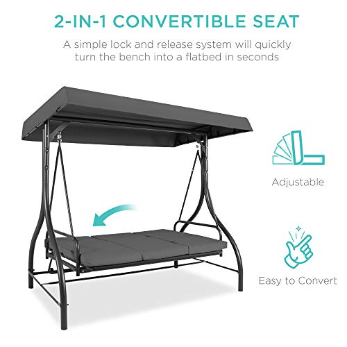 Best Choice Products 3-Seat Outdoor Large Converting Canopy Swing Glider, Patio Hammock Lounge Chair For Porch, Backyard W/Flatbed, Adjustable Shade, Removable Cushions - Gray #TOP1