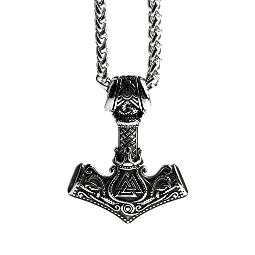 LANGHONG Norse Viking Thor Hammer Necklace Double Side Valknut Runes Stainless Steel Mjolnir Necklace For Men Talisman Jewelry, Gift For Men