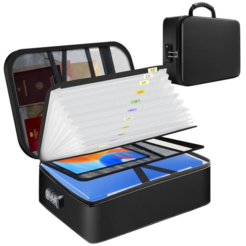 JOOHAUS Feuerfeste Dokumententasche mit Schloss, Wasserdichte Dokumentenaufbewahrungsbox mit 7 Fächern, tragbare Aktentasche dokumentenmappe für Pässe, Urkunden & Wichtige Unterlagen