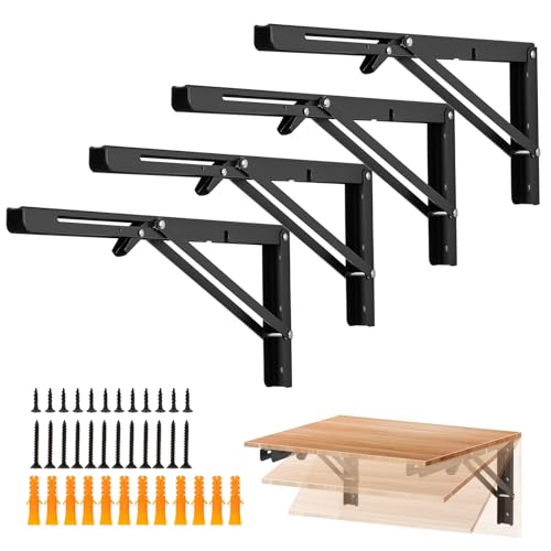 Image of Ravinte 4 Pack 16 Inch Folding Shelf Brackets - Matte Black, Heavy Duty Collapsible Brackets for Tables and Benches - Space-Saving Design