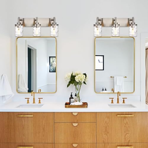 Image of Bathroom Vanity Lighting Fixtures 3 Lights,Brushed Nickel Bathroom Vanity Lights with Clear Hammered Shade Wall Sconce Lighting Modern Farmhouse Bath Lighting