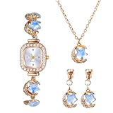 OIDEA Women's Watch Jewelry Set: Fashion Small Square Dial Analog Quartz Bracelet Watch Imitation Moonstone Moon Star Earrings Necklace Set for Ladies Women Blue