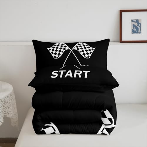 Image of Feelyou Kids Race Sports Flag Bedding Set Full Size, Racing Car Duvet Insert Checkered Flags Comforter Set Boys Girls Teens Bedroom Decor with 2 Pillow Case