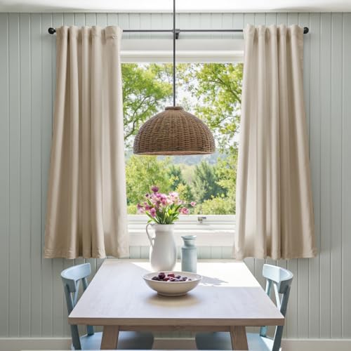 Image of Beige Velvet Curtains Neutral Rod Pocket 52x72 Inch 2 Panels | Soft Velvet, Room Darkening, For Small Windows, Kitchens & Bathrooms, Light Shifting Texture, Elegant Drape, Cozy