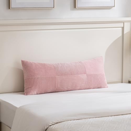 Image of Fancy Homi Set of 2 Blush Pink Boho Long Lumbar Body Decorative Throw Pillow Cover 14x36 Inch for Bed Couch Bedroom Bench, Soft Patchwork Corduroy Textured Pillow Case, Rustic Farmhouse Room Decor