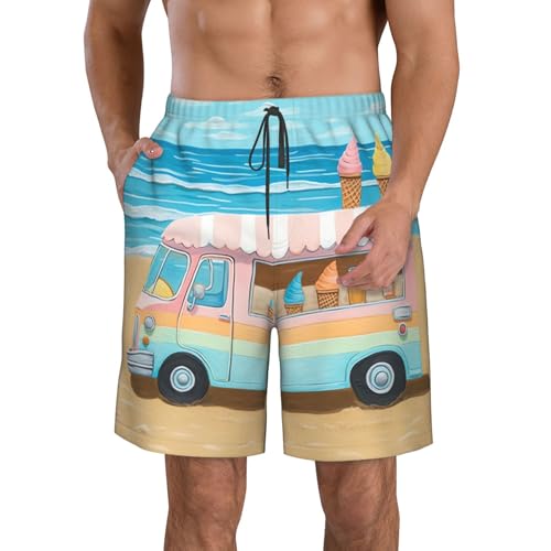 Men's Swim Trunks Summer Beach Ice Cream Truck Quick Dry Board Shorts with Pocket Swimsuit Swimwear for Men Beach Shorts