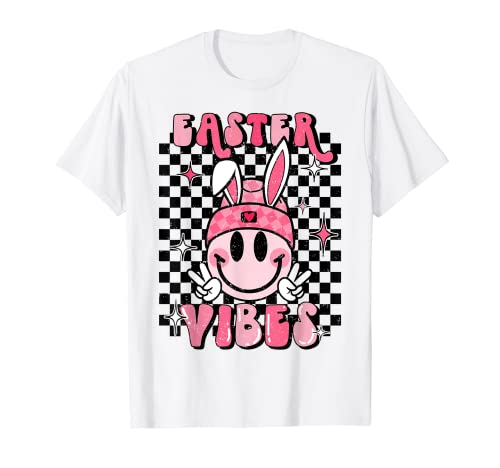 Señal de paz Easter Vibes Groovy Easter Bunny para niños con cara sonriente Camiseta
