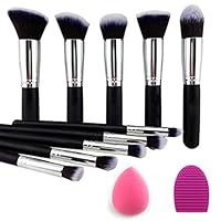 URBANMAC Premium Synthetic Kabuki Foundation Face Powder Blush Eyeshadow Brush Makeup Brush Kit with Blender Sponge and Brush Cleaner – Makeup Brushes Set (10pcs, Black/Silver)