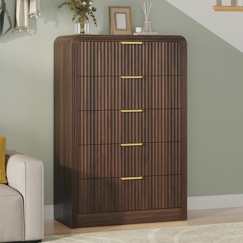 Image of Decofy Fluted 5 Drawers Dresser, 48 inch Tall Modern Chest of Drawers with Round Edge & Metal Handle, Wood Drawer Organizer for Living Room, Bedroom, Entryway, Hallway (Walnut)