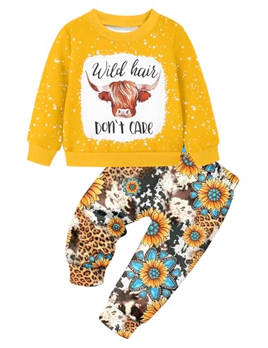 Image of ADIFUN Toddler Girl Clothes Fall Winter Outfits Wild Hair Don't Care Highland Cow Sweatshirt Pants Western Cowgirl Outfit